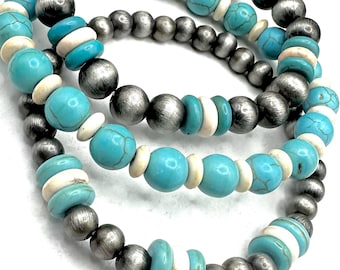 Ivory & turquoise Navajo pearl style stretch bracelet set, ivory western bead bracelet stack, western beaded stackable bracelet