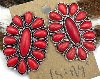 Red Squash Blossom Stud Earrings: Burnished Silver Concho, Western Style
