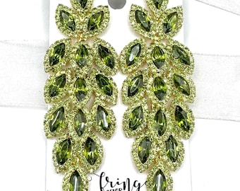 3.25" Green rhinestone drop earrings, olive green pageant earrings, light green prom earrings, marquise crystal cluster statement earrings