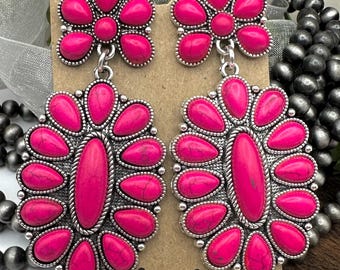 Fuchsia western concho stone dangle earrings, pink western statement earrings, western stone drop earrings
