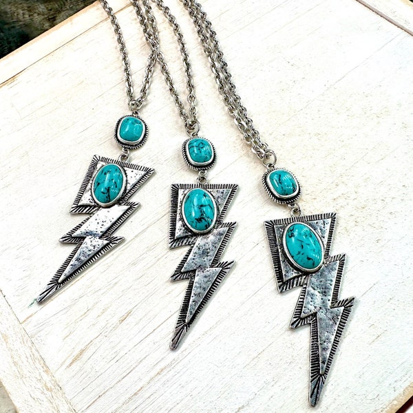 32" Long western turquoise lightning bolt necklace, burnished silver lightning bolt pendant necklace, western stone layering chain necklace
