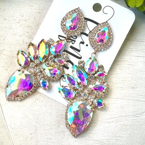 3.6&quot; AB gold rhinestone earrings, AB pageant earrings, AB crystal bridal drop earrings, rhinestone dangle earrings, prom earrings