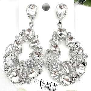 2.8&quot; Crystal silver rhinestone earrings, clear crystal rhinestone pageant dangle earrings, evening crystal prom earrings, bridal earrings