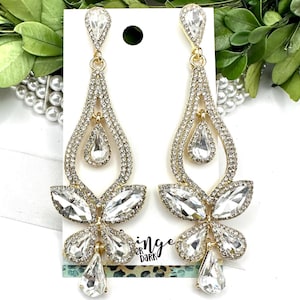3.5&quot; Crystal gold chandelier earrings, oversized clear crystal rhinestone pageant earrings, clear crystal statement earrings