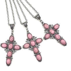 18&quot; Pink western cross pendant necklace, western cross stainless steel necklace, pink stone cross necklace