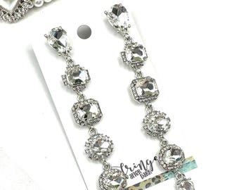3.75" Crystal silver long dangle earrings, clear crystal silver rhinestone prom earrings, silver crystal evening earrings