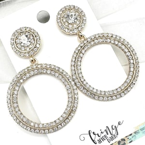 2.25&quot; Crystal gold hoop dangle earrings, rhinestone prom dangle earrings, clear crystal gold statement earrings, rhinestone pageant earrings