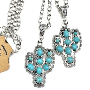 18&quot; Cactus concho pendant necklace, western stone turquoise cactus pendant necklace, burnished silver pendant western necklace