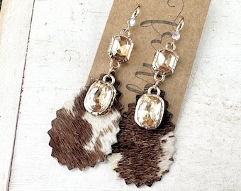 4" Animal hide dangle earrings, long cow print dangle earrings, rhinestone faux cowhide earrings, western crystal animal print earrings