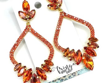 3.6" Orange crystal dangle earrings, long orange rhinestone pageant earrings, orange prom earrings, orange open teardrop statement earrings