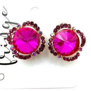 1&quot; Fuchsia rhinestone stud earrings, oversized stud prom earrings, fuchsia rhinestone pageant earrings, fuchsia pink crystal studs