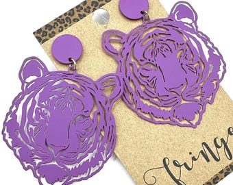 Purple tiger dangle earrings, school spirit tigers earrings, game day team tigers earrings