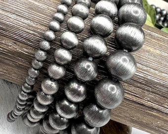 Navajo pearl style stretch bracelets, matte silver tone beaded western bracelet set, western stackable bracelets, western pearl bracelets