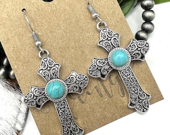 Western cross dangle earrings, turquoise western cross dangle earrings, burnished silver earrings, western turquoise cross earrings