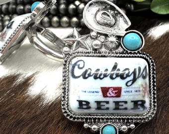 Cowboys and Beer western stretch ring, western print turquoise ring, statement ring