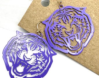 Purple tiger dangle earrings, school spirit tigers earrings, game day team tigers earrings, fish hook cut out mascot earrings