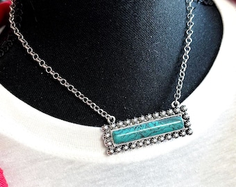 16" Turquoise western bar pendant choker, short dainty turquoise blue pendant necklace, burnished silver metal stone pendant necklace