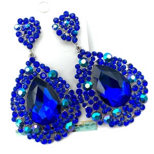 3&quot; Royal blue crystal pageant earrings, sapphire rhinestone dangle earrings, AB blue prom earrings, blue crystal teardrop earrings