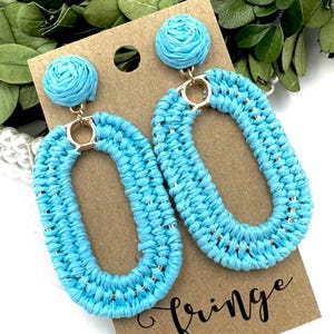 Turquoise raffia wrapped dangle earrings, raffia beachy vacation summer earrings, tropical turquoise raffia earrings