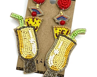 Pina Colada cocktail beaded dangle earrings, long tropical drink statement earrings, cocktail earrings, beach drink earrings