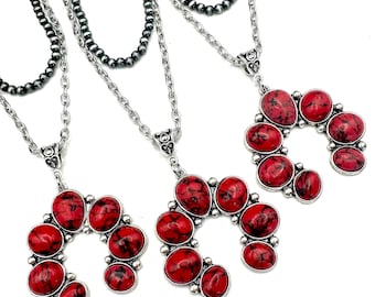 18" Red squash blossom pendant choker necklace, western layered 4mm Navajo pearl style necklace, western pendant layered necklace
