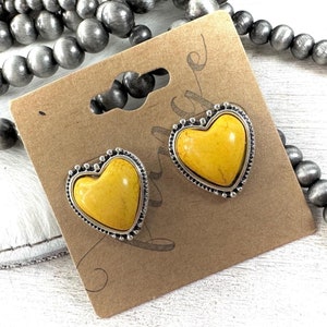Western heart earrings, western yellow heart earrings, burnished silver heart post earrings, yellow heart stud earrings