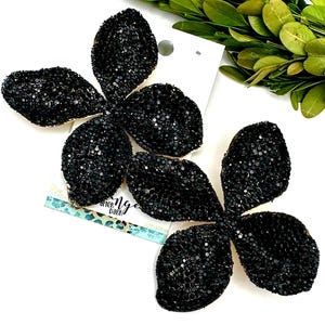 3.5" Oversized black rhinestone petal earrings, BIG black rhinestone statement earrings, black gold crystal large flower stud earrings