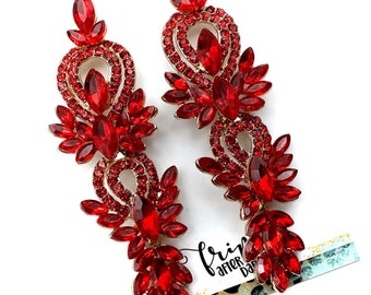 3" Red crystal dangle earrings, red pageant drop earrings, red gold rhinestone earrings, red prom earrings, red crystal dangle earrings