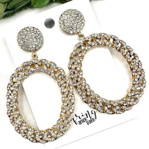 3&quot; Crystal gold rhinestone chain link dangle earrings, big clear crystal gold hoop prom earrings, large oval hoop statement earrings
