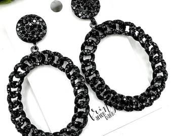 3" Black rhinestone chain link dangle earrings, big jet black gold crystal hoop prom earrings, large black oval hoop statement earrings