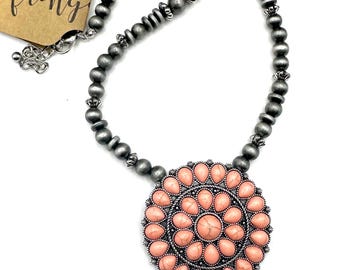 22" Coral squash blossom necklace, western pendant statement necklace, coral Navajo pearl style necklace