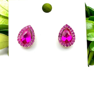 0.5&quot; Fuchsia rhinestone stud earrings, small fuchsia prom earrings, pink rhinestone pageant earrings, fuchsia crystal teardrop earrings