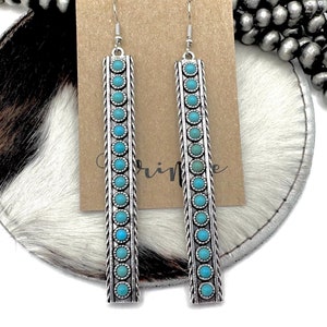 Turquoise western bar dangle earrings, long turquoise blue western bar earrings, burnished silver drop earrings, ranch style earrings