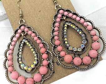 Pink & gold western rhinestone dangle earrings, AB crystal vintage style earrings, burnished gold pink bead earrings