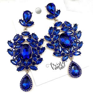 3.5&quot; Royal blue crystal dangle earrings, large sapphire rhinestone pageant earrings, blue chandelier prom statement earrings