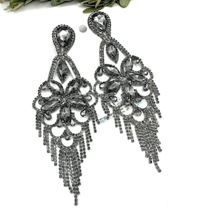 5.5" Black Diamond rhinestone extra long earrings, grey crystal silver tassel dangle earrings, rhinestone fringe statement earrings