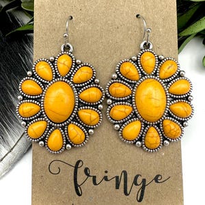 Mustard yellow squash blossom earrings, yellow western dangle earrings, mustard concho drop earrings, yellow burnished silver stone earrings
