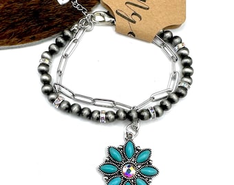 Western Navajo pearl style pendant bracelet, western silver bead chain clasp bracelet, turquoise crystal western bracelet
