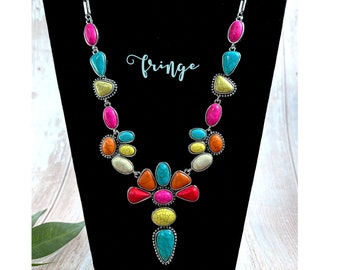 25" Western stone statement necklace, western multi color concho necklace, burnished silver western necklace, multi color statement necklace