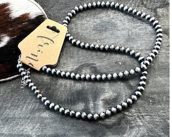 24&quot; Navajo 6mm pearl bead necklace, matte silver western pearls, western beads