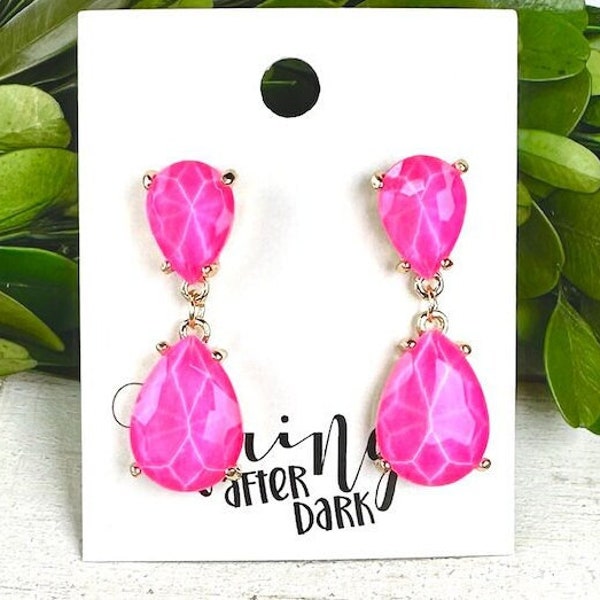 1.4" Neon pink rhinestone earrings, small neon pink pageant earrings, pink dainty rhinestone earrings, neon pink prom dangle earrings