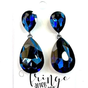 2.1&quot; Montana blue pageant earrings, navy prom earrings, Montana blue evening earrings, navy rhinestone earrings, navy dangle earrings
