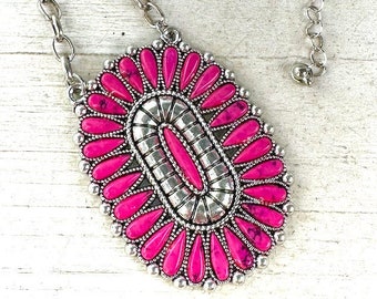 20" Hot pink stone pendant necklace, hot pink oversized LARGE pendant necklace, burnished silver western concho necklace