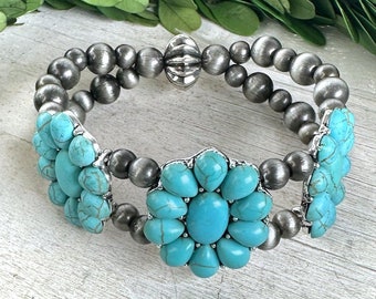 Turquoise western stretch bracelet, Navajo pearl style stretch bracelet, turquoise squash blossom western bracelet