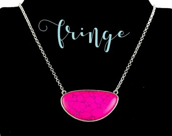 16" Fuchsia western stone pendant necklace, oversized pink pendant choker, short burnished silver western chain necklace