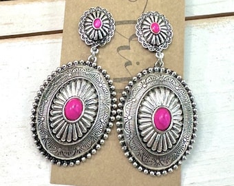 Fuchsia western dangle earrings, western concho silver tone earrings, burnished silver sunburst concho earrings, western statement earrings