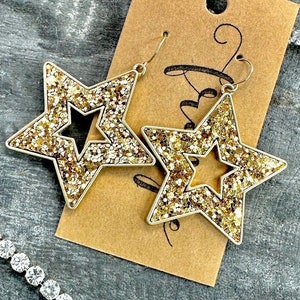 Gold glitter star earrings, star earrings, glitter star earrings, dangle star earrings, gold star earrings