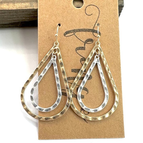Two tone dangle earrings, hammered metal teardrop earrings, gold and silver dangle drop earrings