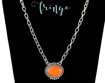 24" Orange stone pendant necklace, orange western oval pendant necklace, burnished silver western concho necklace