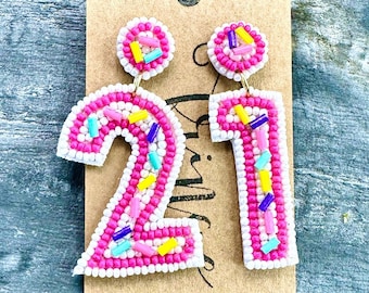 Pink 21 BIRTHDAY seed bead earrings, birthday dangle earrings, 21st birthday earrings, 21